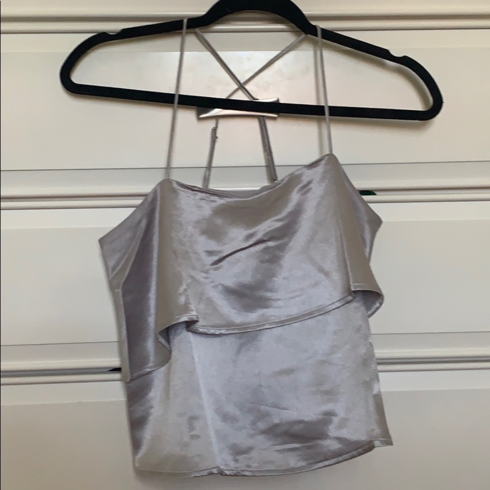 Satin tiered top with criss cross back GREAT COND.